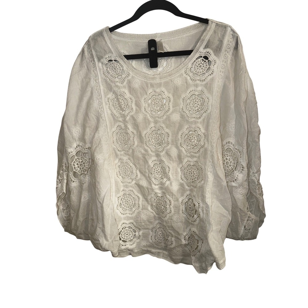 Women's Sz L White Gauze Eyelet Crochet Lace Dolman Sleeve Top Boho Hippie